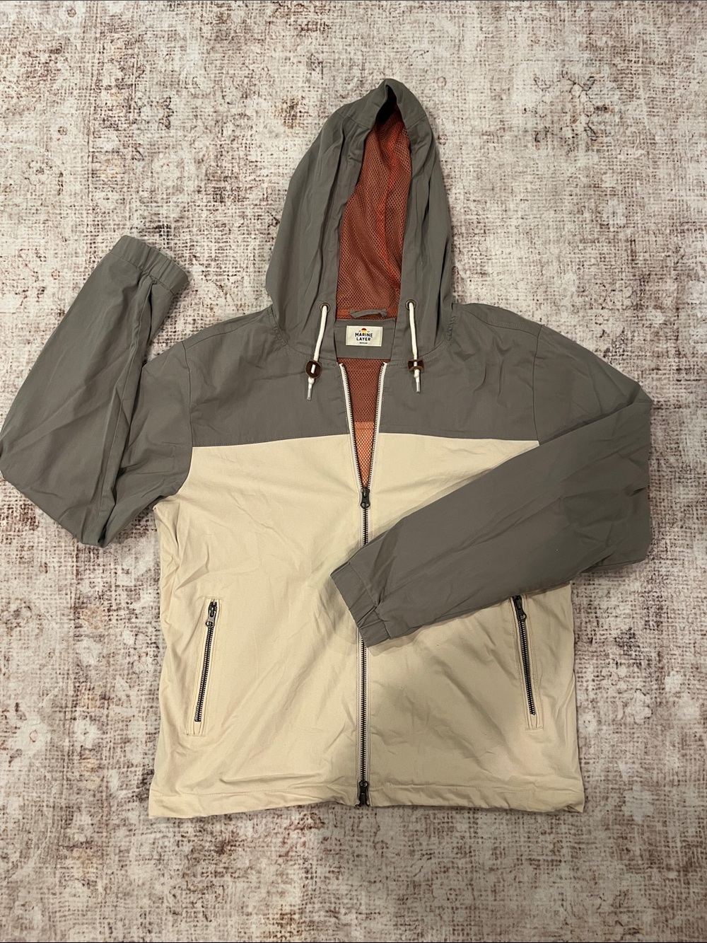 Marine Layer Two-Tone Hooded Windbreaker Jacket - Gray & Cream Sz M